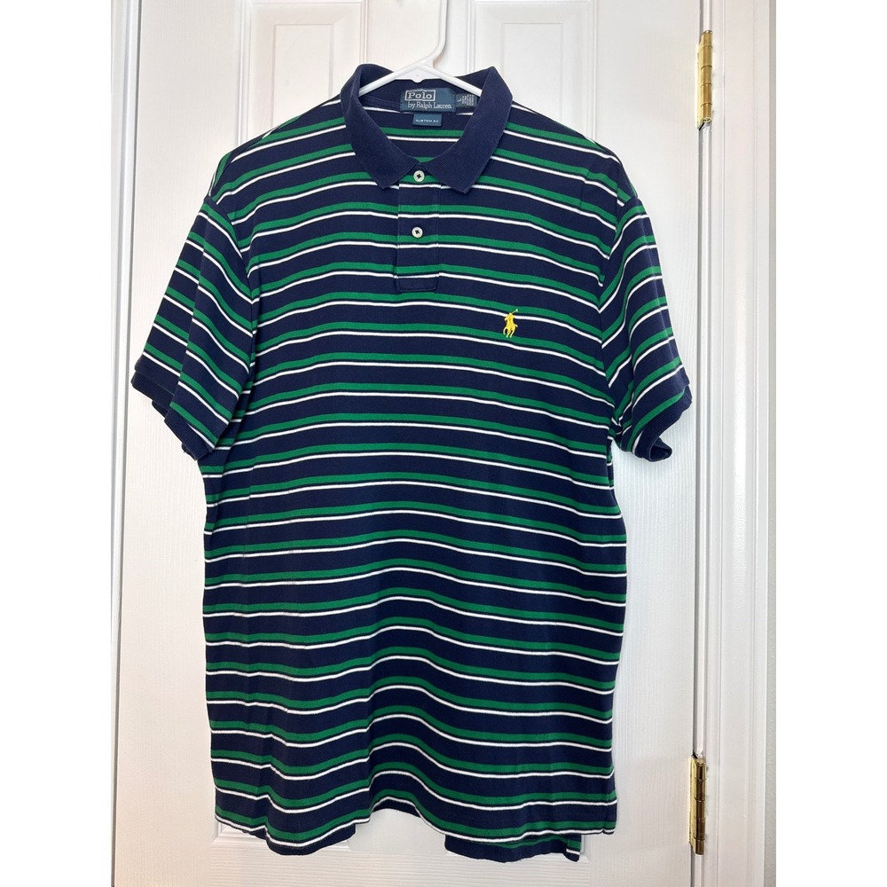 Polo Ralph Lauren Mens L Custom Fit Striped Polo Shirt Navy Green Yellow Pony